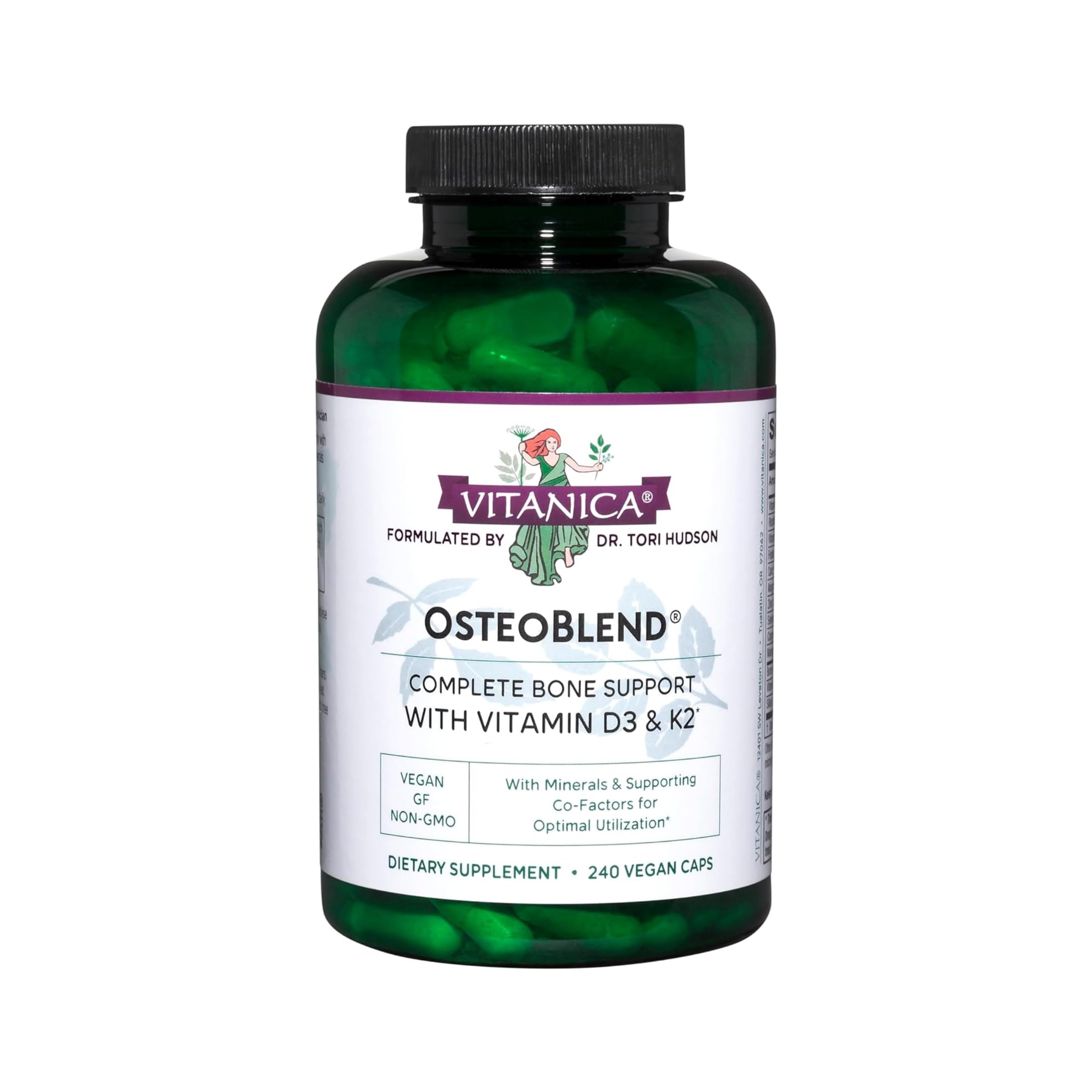 Vitanica OsteoBlend bottle front showing vegan bone support concept