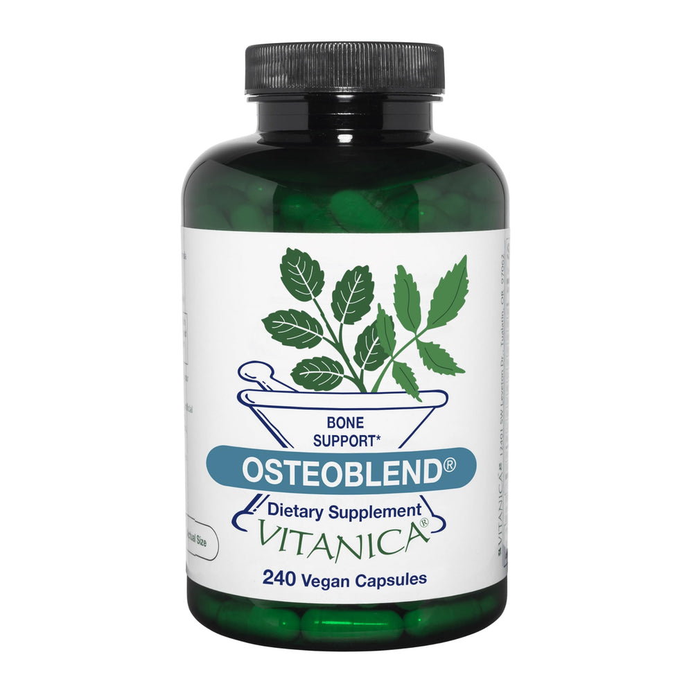 Vitanica OsteoBlend bottle front shows a vegan bone support formula.