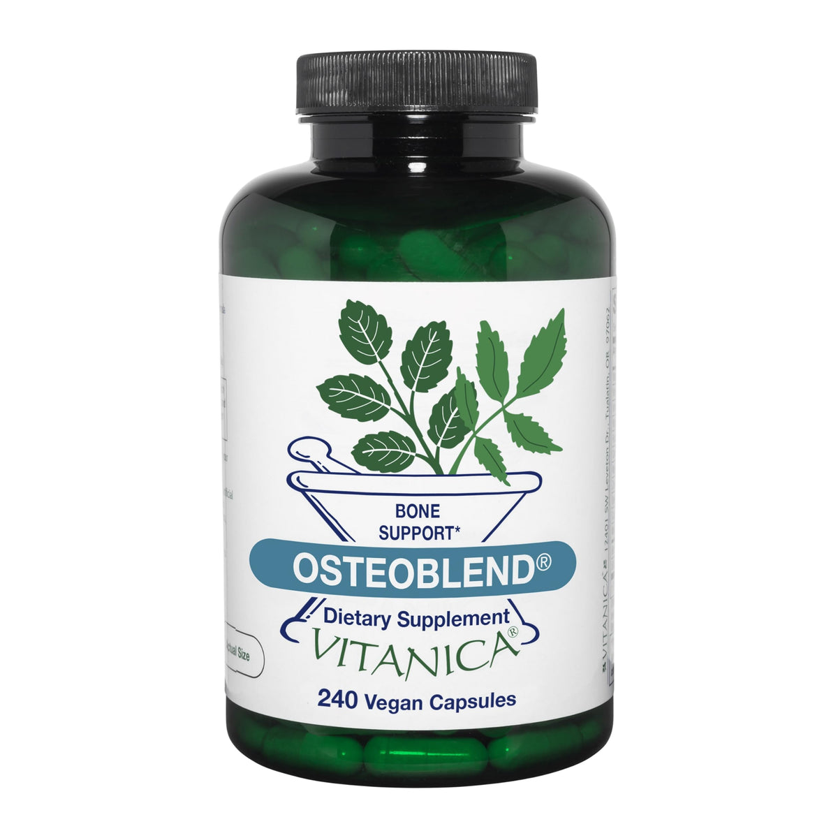 Vitanica OsteoBlend bottle front shows a vegan bone support formula.
