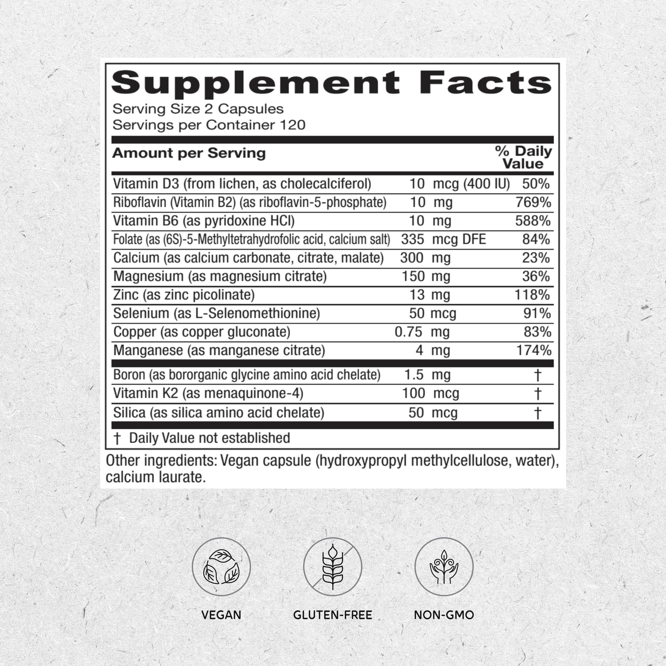 Vitanica OsteoBlend bottle label highlights minerals and vegan formula