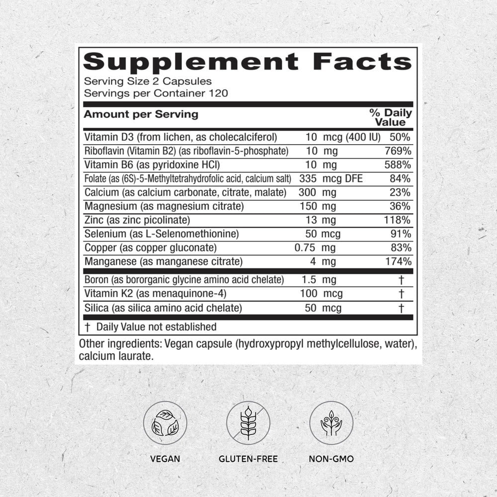Vitanica OsteoBlend bottle label highlights minerals and vegan formula