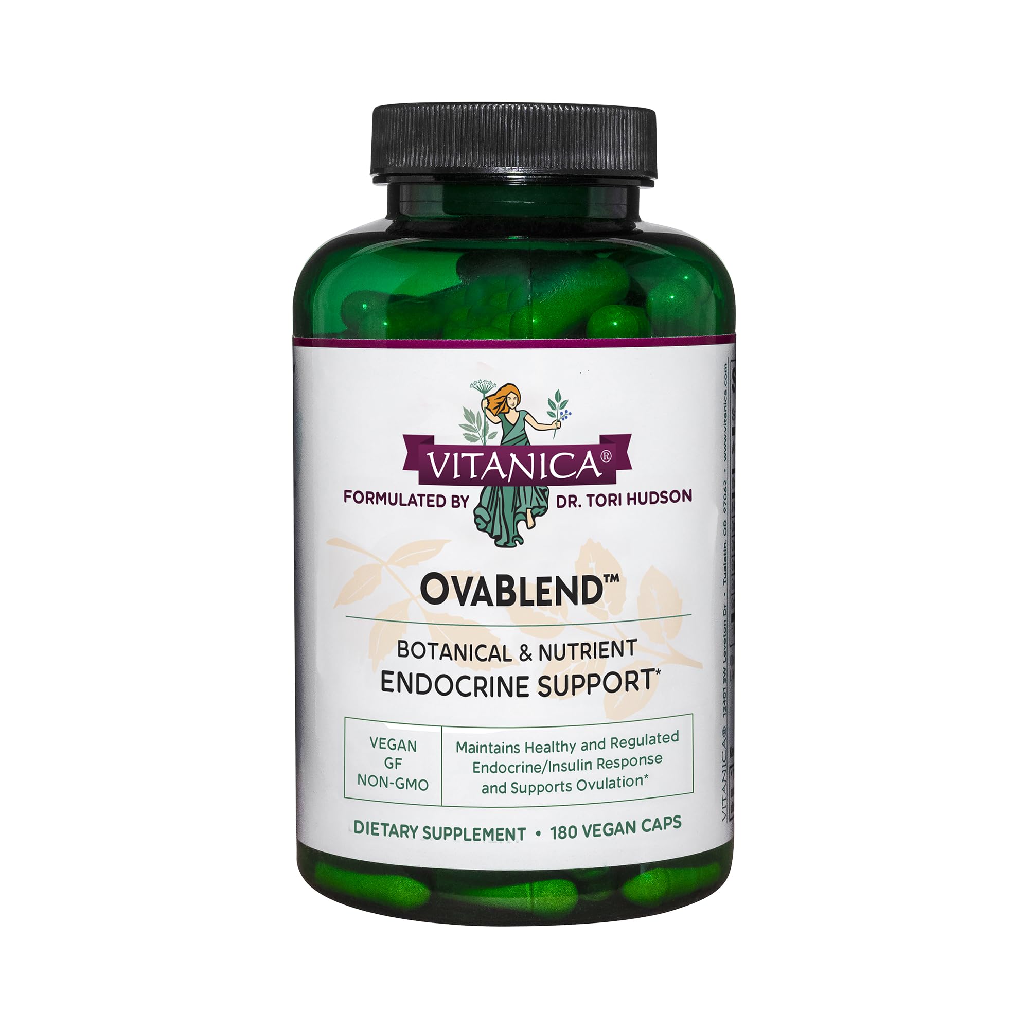Vitanica OvaBlend bottle front showing vegan ovarian support for balanced hormones