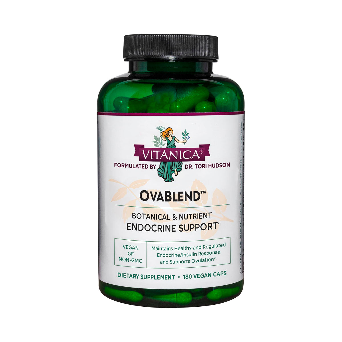 Vitanica OvaBlend bottle front showing vegan ovarian support for balanced hormones