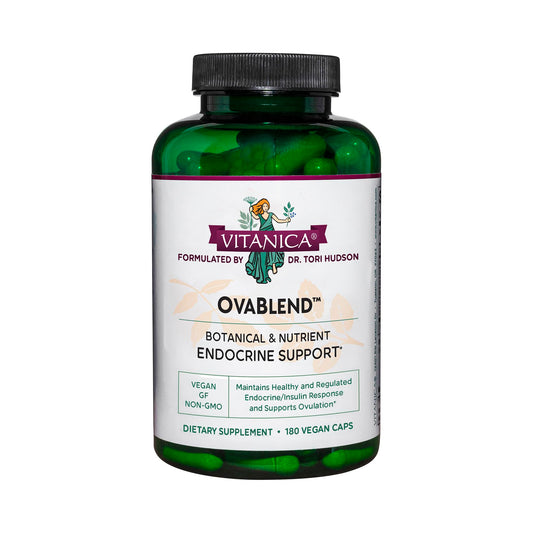 Vitanica OvaBlend bottle front showing vegan ovarian support for balanced hormones