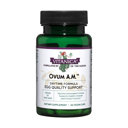 Vitanica Ovum A.M. daytime formula bottle promotes antioxidant support for egg quality