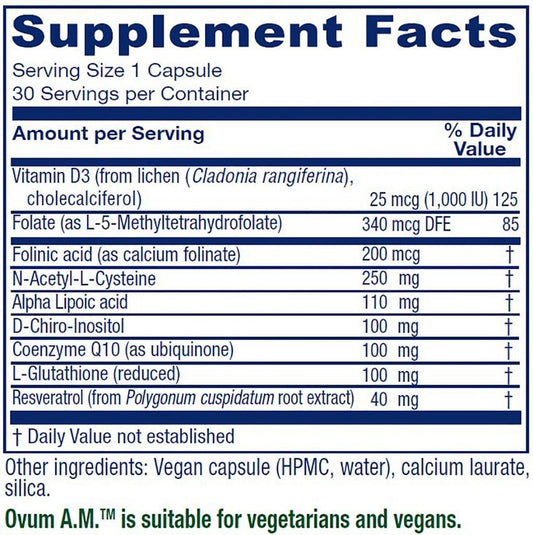 Vitanica Ovum A.M. label detail highlights vegan, non-GMO ingredients.