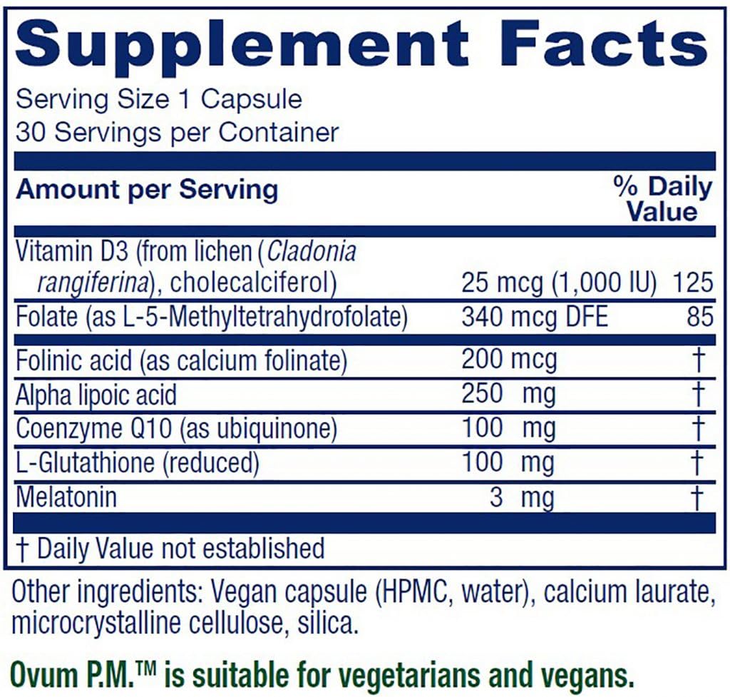 Vitanica Ovum P.M. capsules in hand showing vegan, daily antioxidant nutrients.