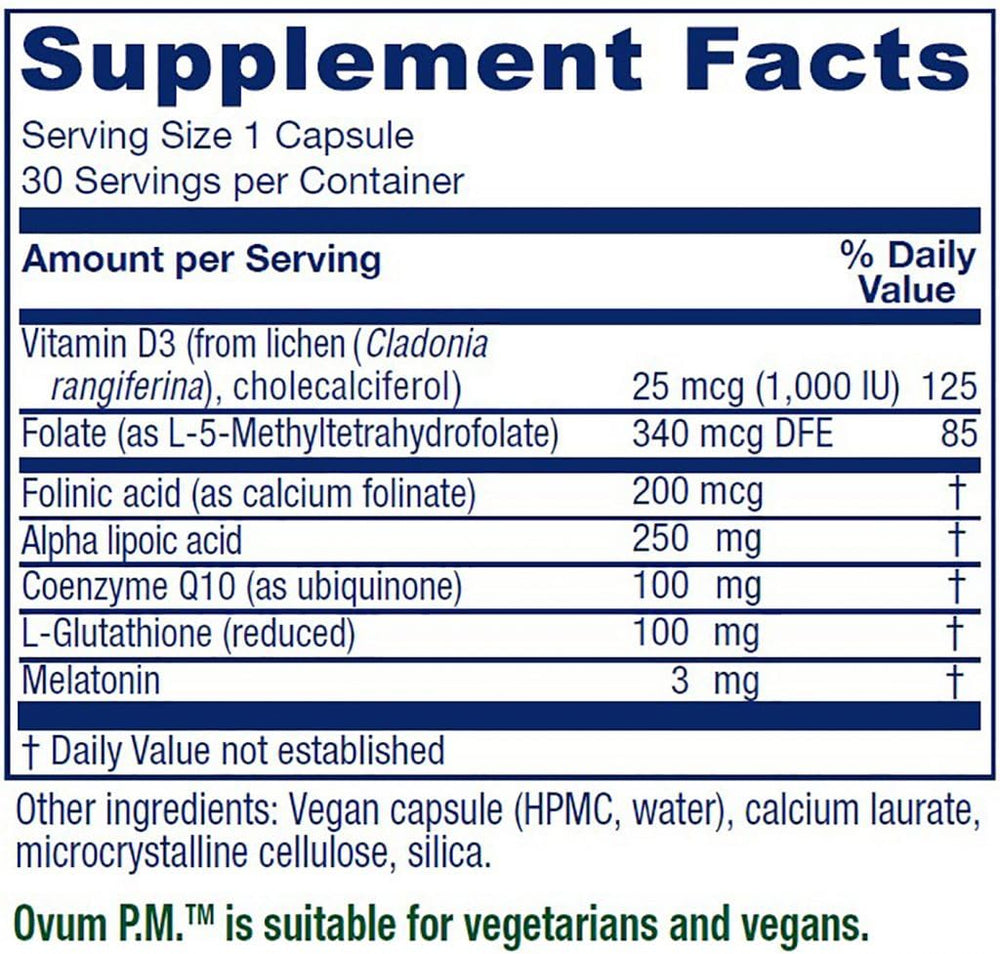 Vitanica Ovum P.M. capsules in hand showing vegan, daily antioxidant nutrients.