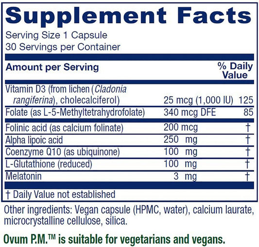 Vitanica Ovum P.M. capsules in hand showing vegan, daily antioxidant nutrients.