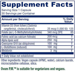 Vitanica Ovum P.M. capsules in hand showing vegan, daily antioxidant nutrients.