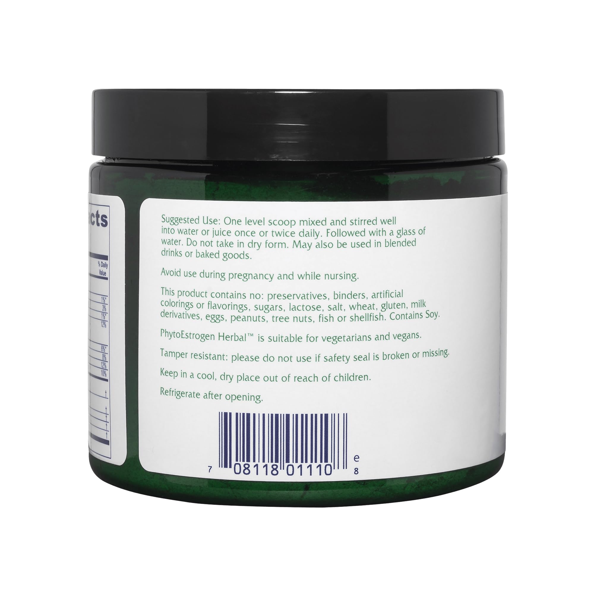 Vitanica Phytoestrogen bottle label highlighting vegan and non-GMO ingredients