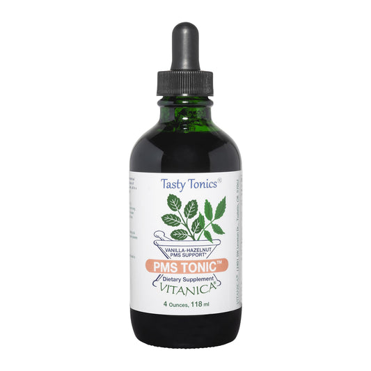 Vitanica PMS Tonic bottle pour for easy daily hormonal support.