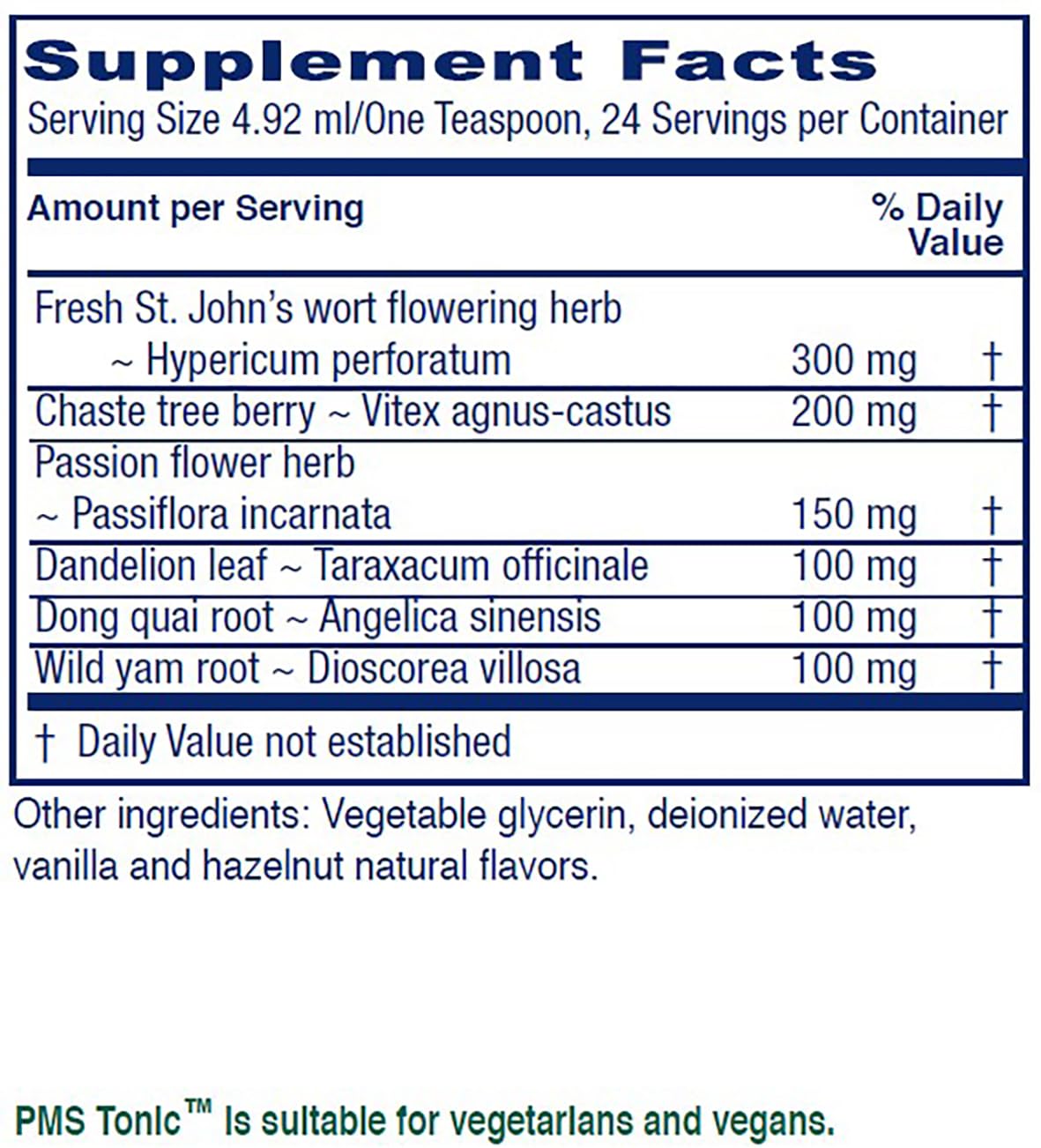 Vitanica PMS Tonic ingredients label highlights herbal balance for monthly relief.