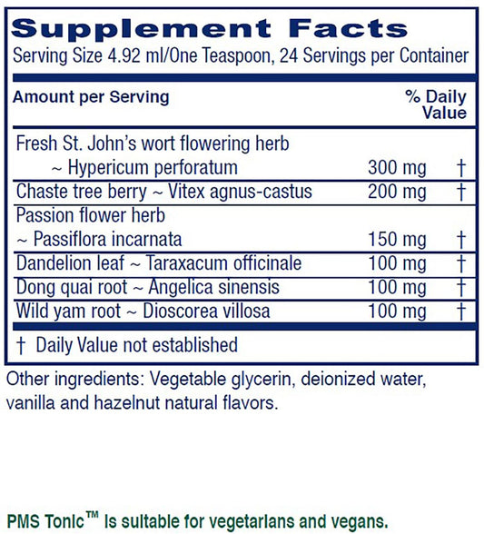 Vitanica PMS Tonic ingredients label highlights herbal balance for monthly relief.