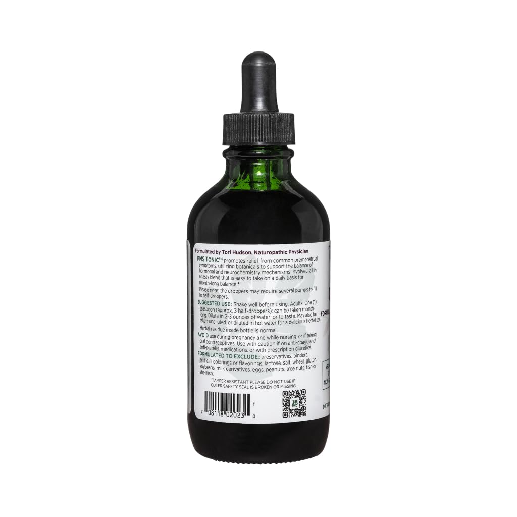 Vitanica PMS Tonic label close-up with ingredients overview for PMS support.