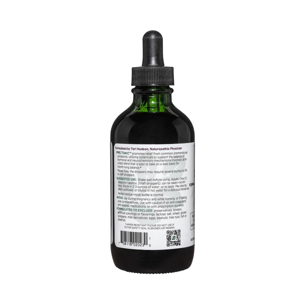 Vitanica PMS Tonic label close-up with ingredients overview for PMS support.