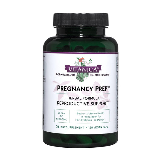 Vitanica Pregnancy Prep bottle front highlights the vegan formula for reproductive support.