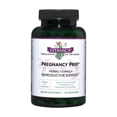 Vitanica Pregnancy Prep bottle front highlights the vegan formula for reproductive support.