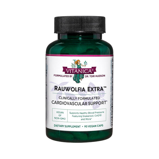 Vitanica Rauwolfia Extra bottle label highlights vegan heart support.