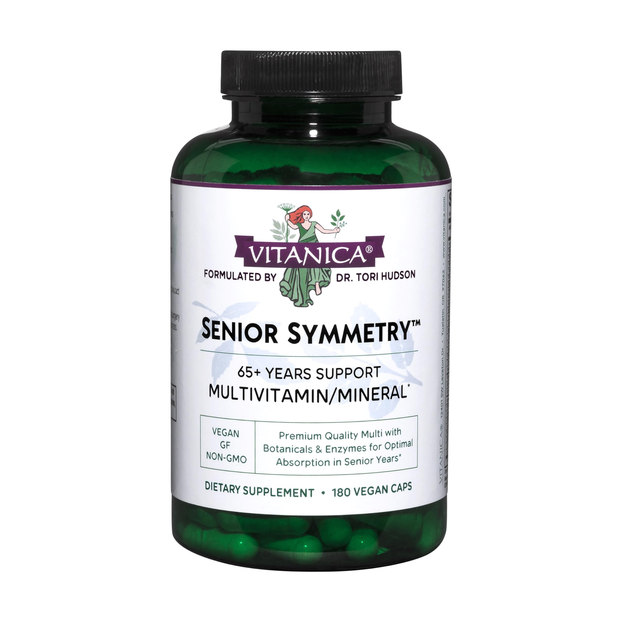 Vitanica Senior Symmetry bottle front showcases vegan multivitamins for aging wellness.