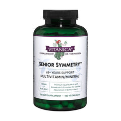 Vitanica Senior Symmetry bottle front showcases vegan multivitamins for aging wellness.