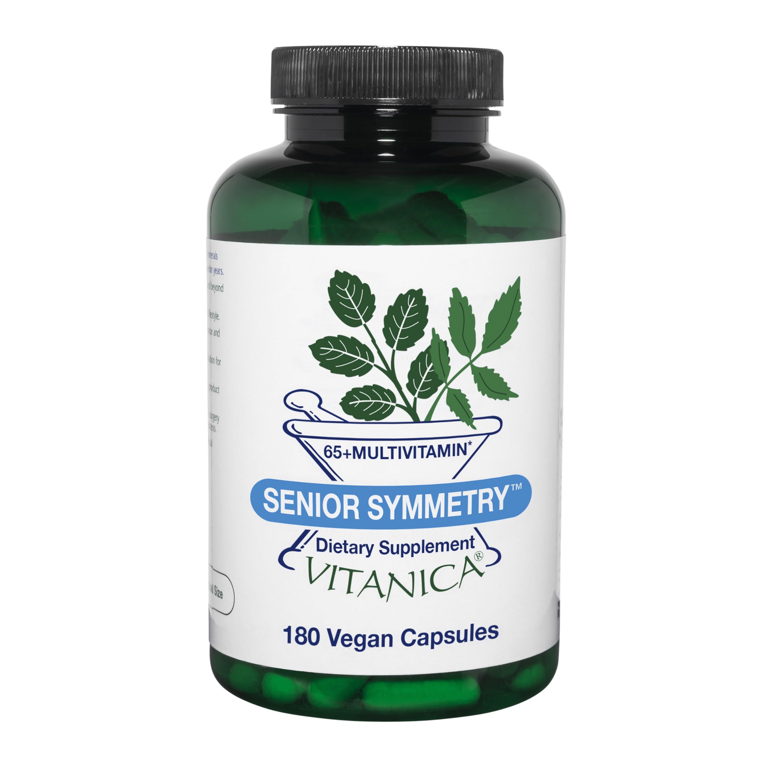 Vitanica Senior Symmetry bottle with vegan multivitamin capsules for aging adults.