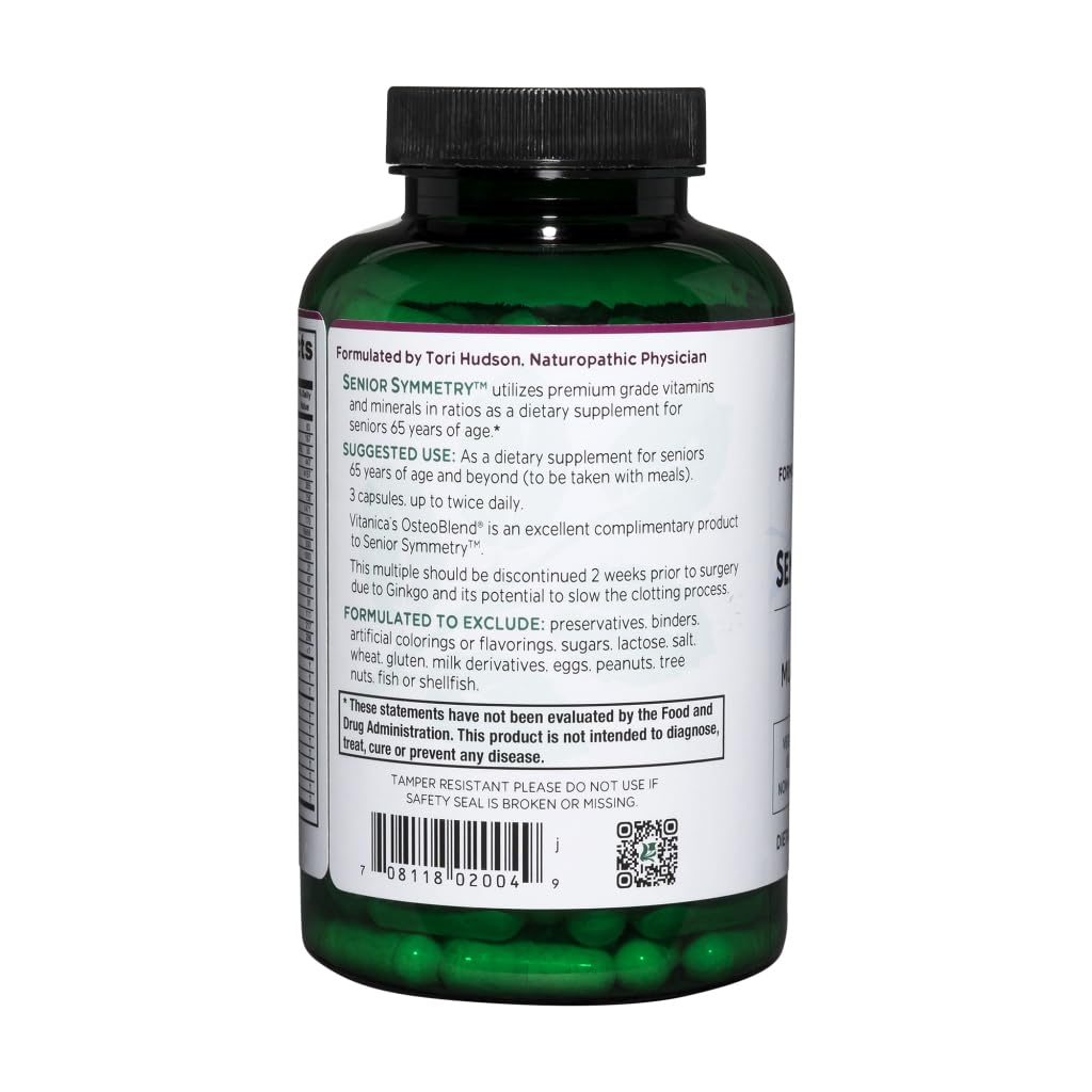 Vitanica Senior Symmetry label closeup highlights natural carotenoids and enzymes.