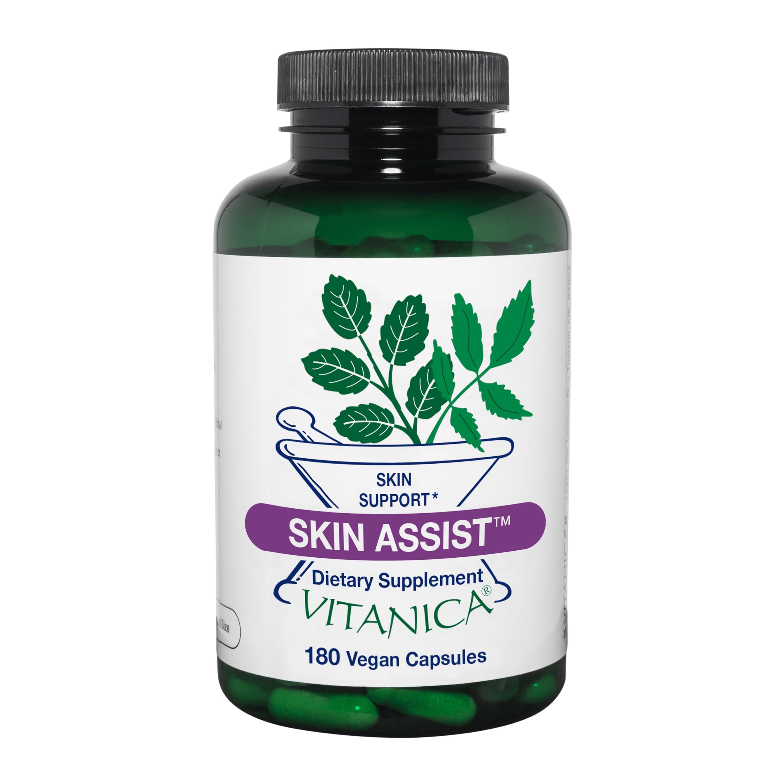 Vitanica Skin Assist bottle showing vegan capsules for clear skin support and balanced moisture.
