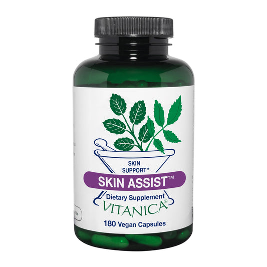 Vitanica Skin Assist bottle showing vegan capsules for clear skin support and balanced moisture.