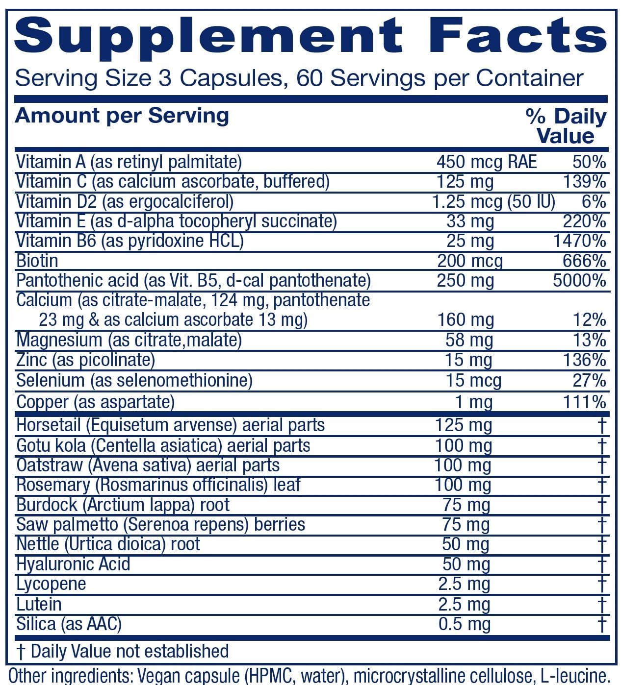 Vitanica Skin Assist ingredients label highlighting herbal and nutrient blend for skin function.