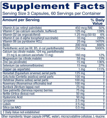 Vitanica Skin Assist ingredients label highlighting herbal and nutrient blend for skin function.
