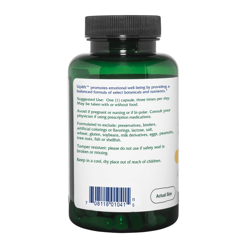 Vitanica Uplift bottle front features branding and vegan formulation for emotional balance.