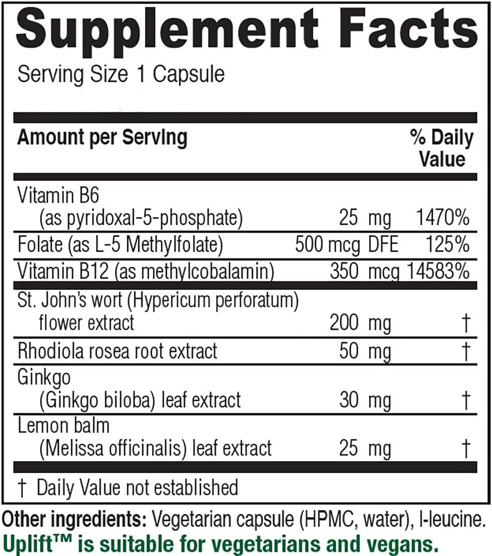 Vitanica Uplift bottle front showing vegan mood support capsules