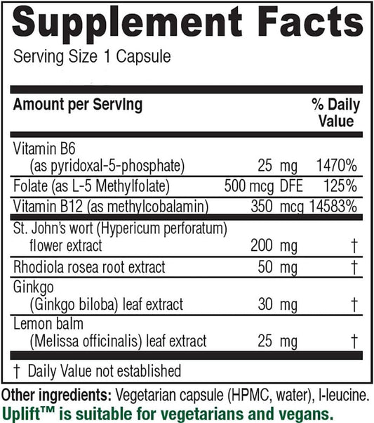 Vitanica Uplift bottle front showing vegan mood support capsules