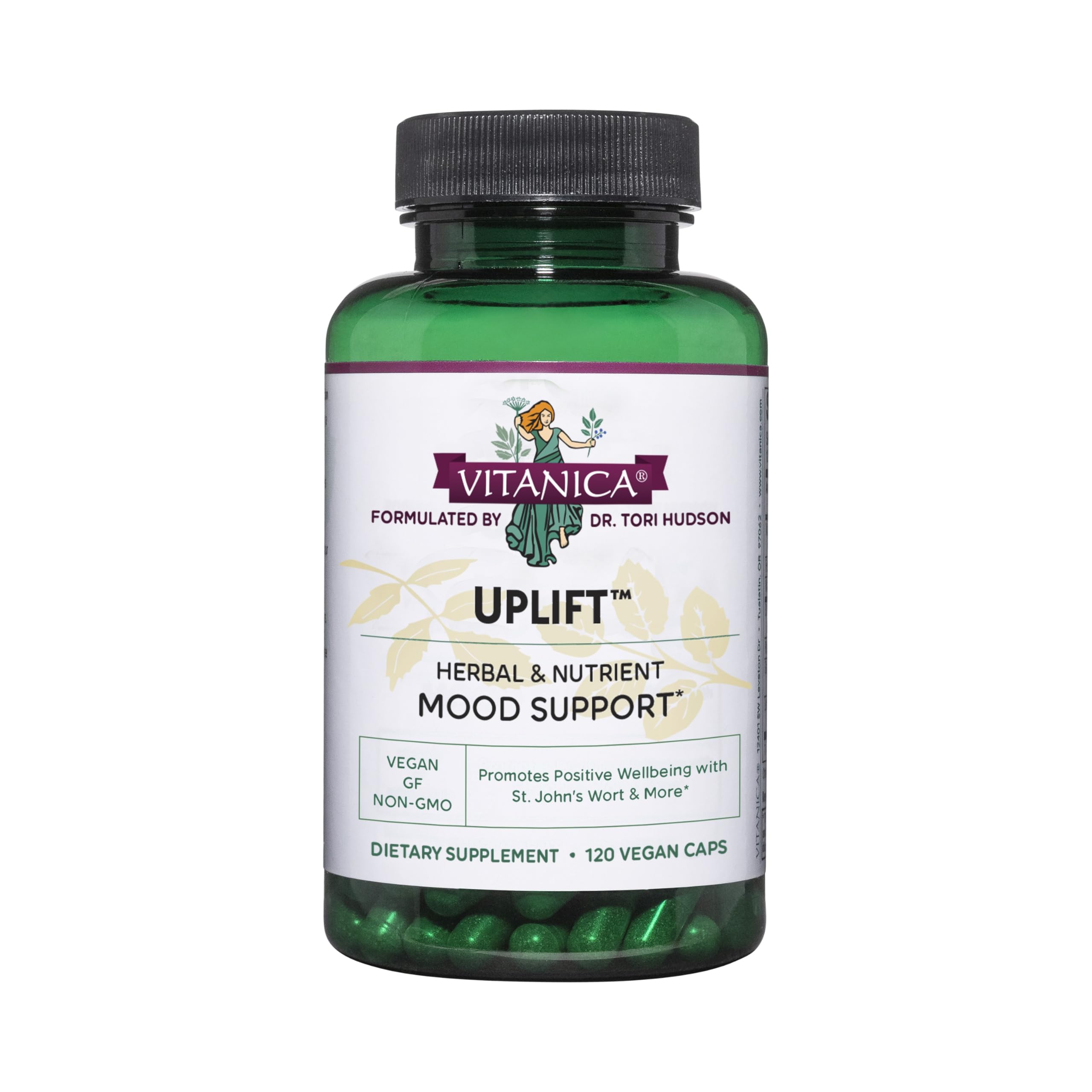 Vitanica Uplift bottle front for daily mood support.