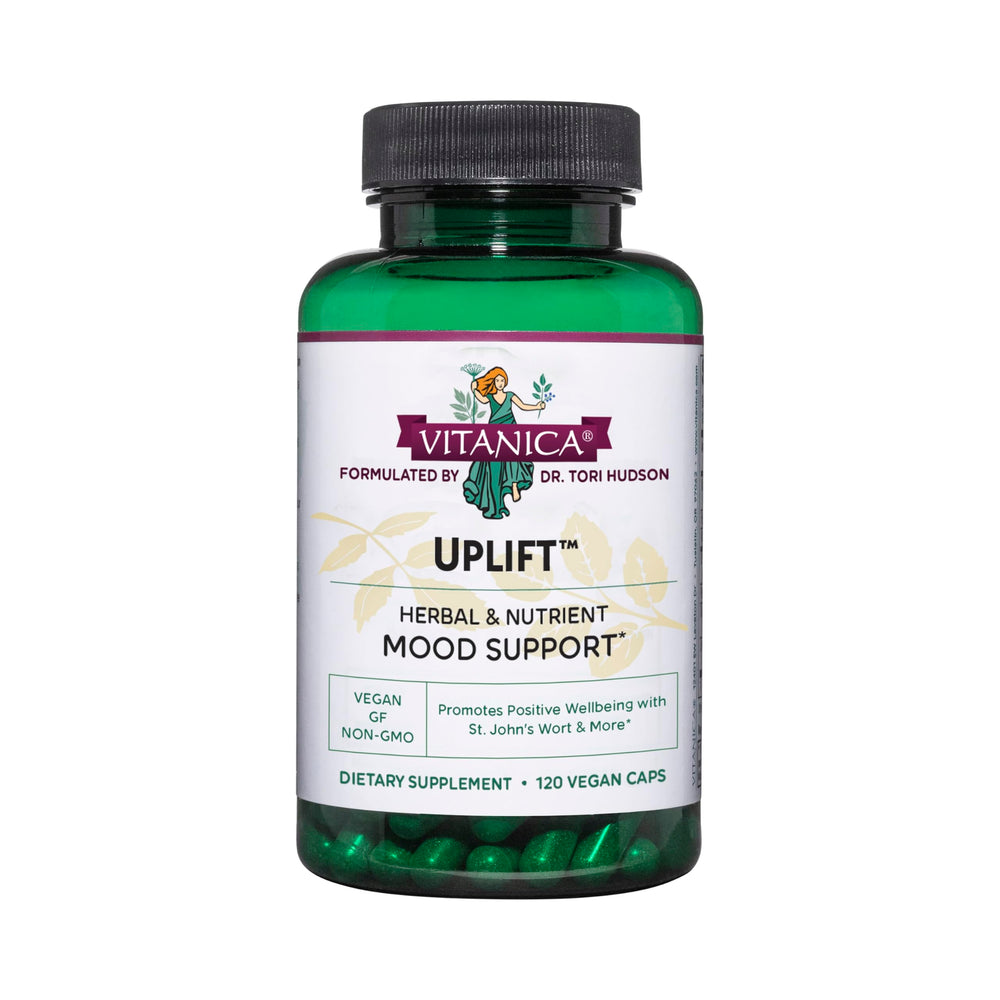 Vitanica Uplift bottle front for daily mood support.