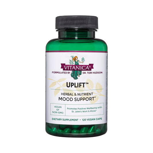 Vitanica Uplift bottle front for daily mood support.