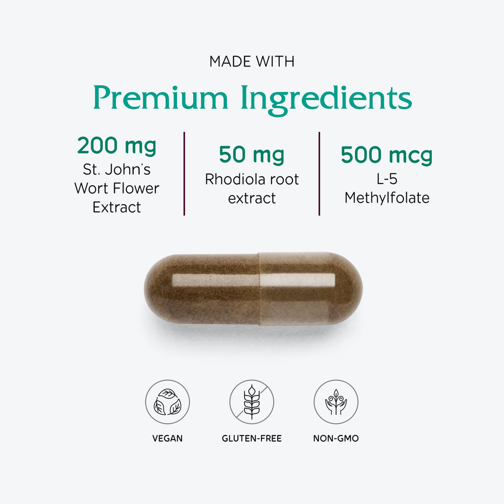 Vitanica Uplift bottle pour showing simple daily dosing for mood balance.