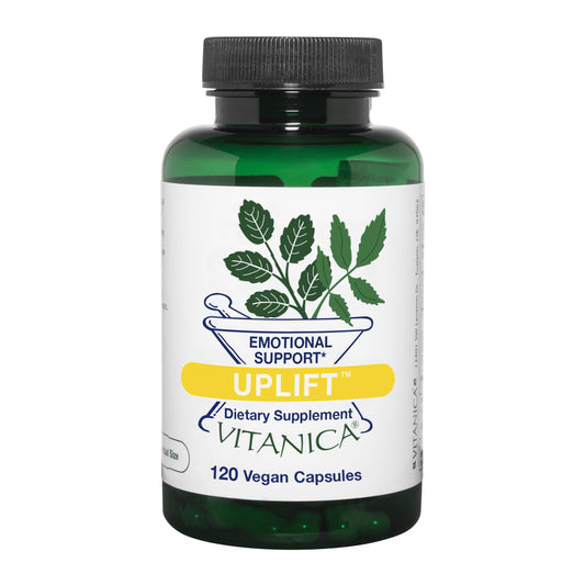 Vitanica Uplift mood support bottle label highlights vegan capsules for daily well-being.