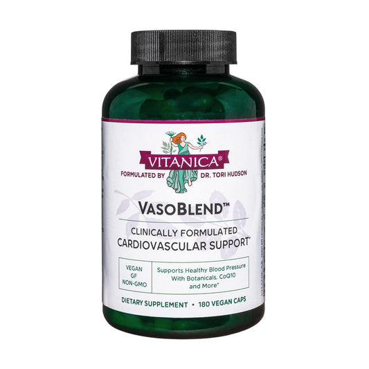 Vitanica VasoBlend bottle front with vegan heart health capsules for daily wellness.