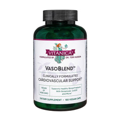 Vitanica VasoBlend bottle front with vegan heart health capsules for daily wellness.