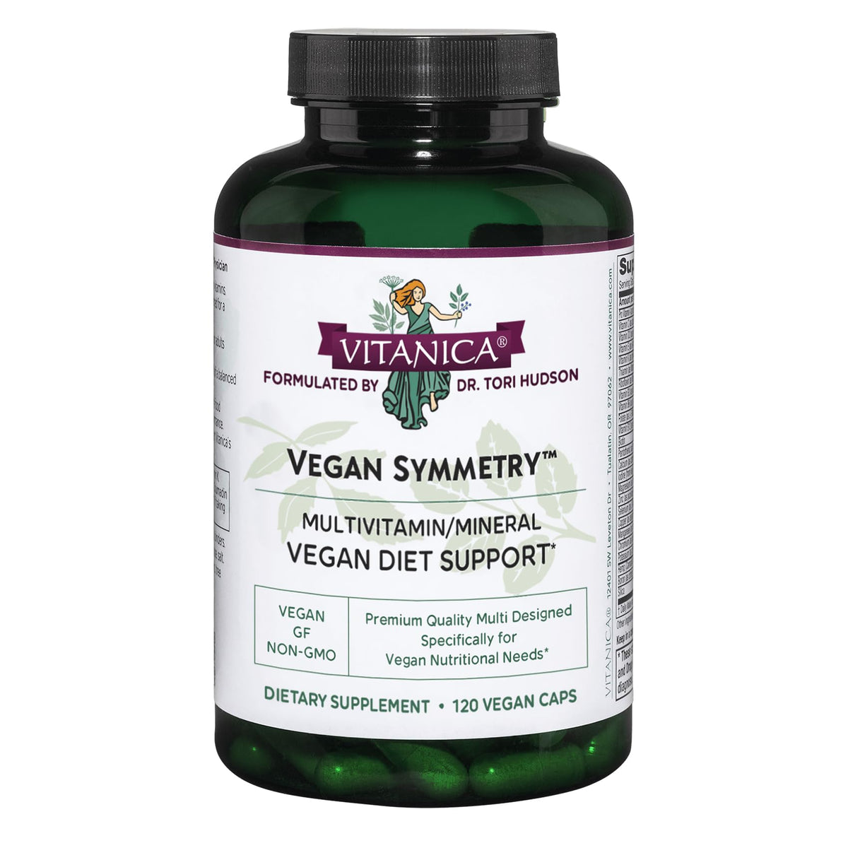 Vitanica Vegan Symmetry bottle front for easy daily vegan multivitamin routine.