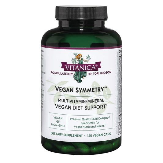Vitanica Vegan Symmetry bottle front for easy daily vegan multivitamin routine.