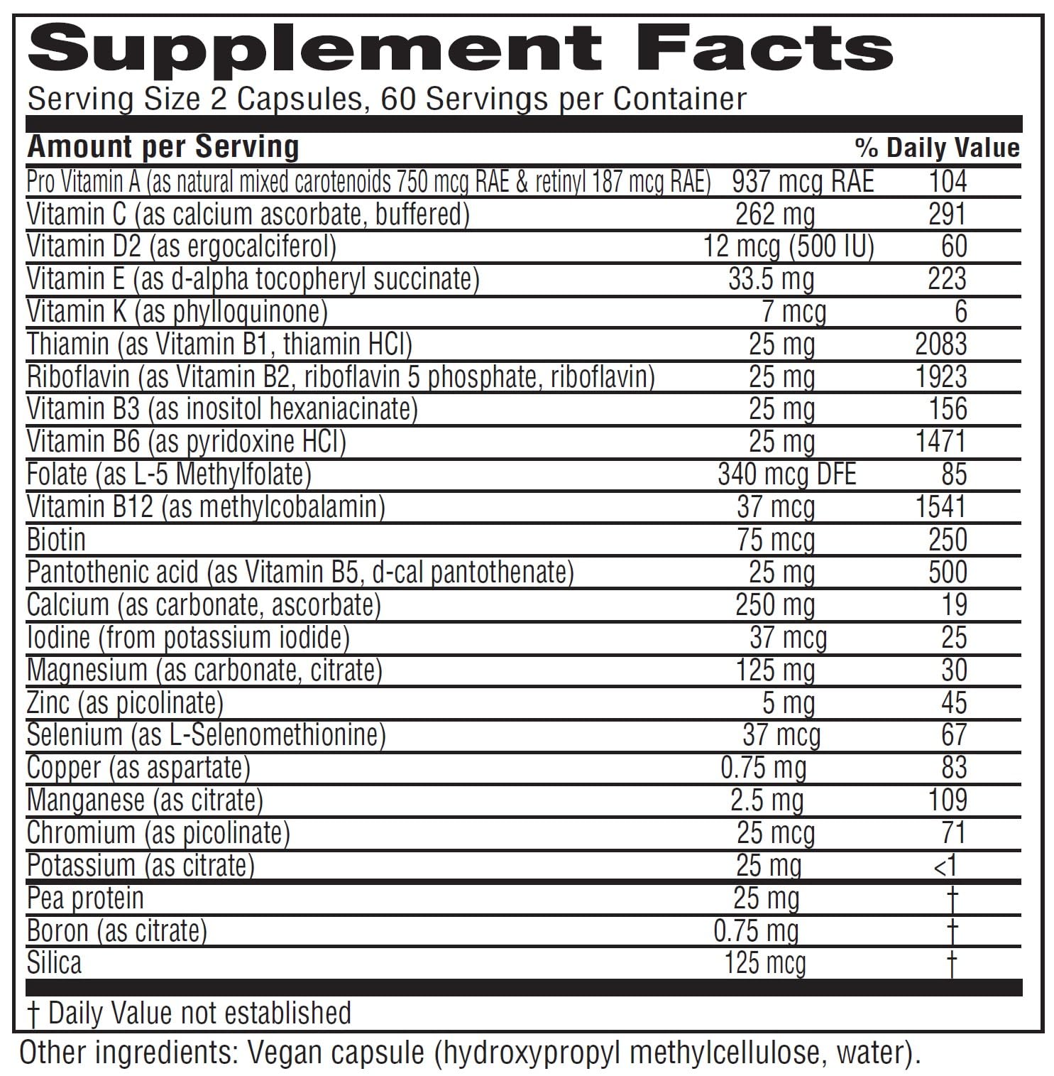 Close-up of the Vitanica Vegan Symmetry label shows gluten-free, non-GMO vegan ingredients.