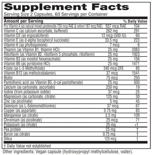 Close-up of the Vitanica Vegan Symmetry label shows gluten-free, non-GMO vegan ingredients.