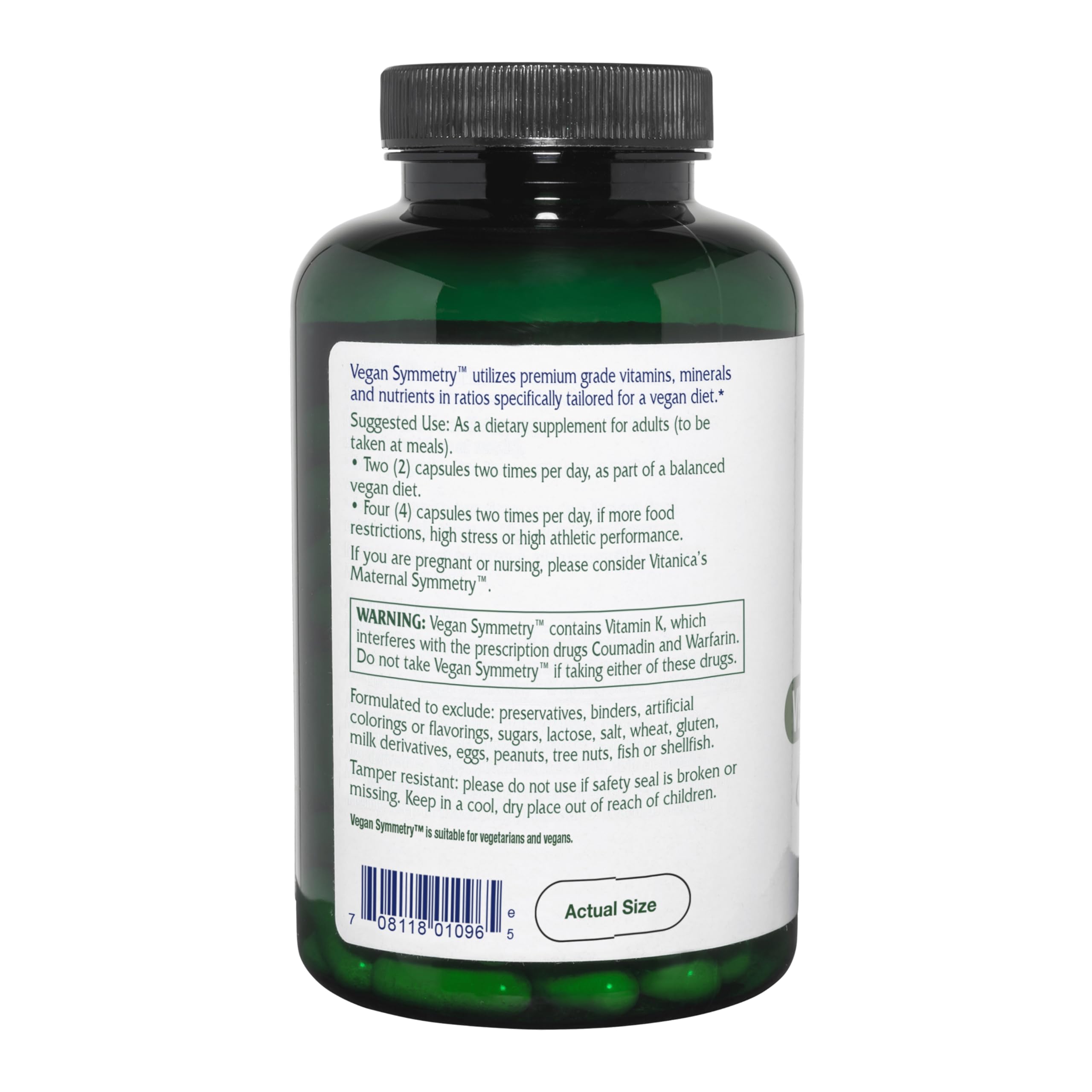 Closeup of Vitanica Vegan Symmetry capsules for plant-based wellness.