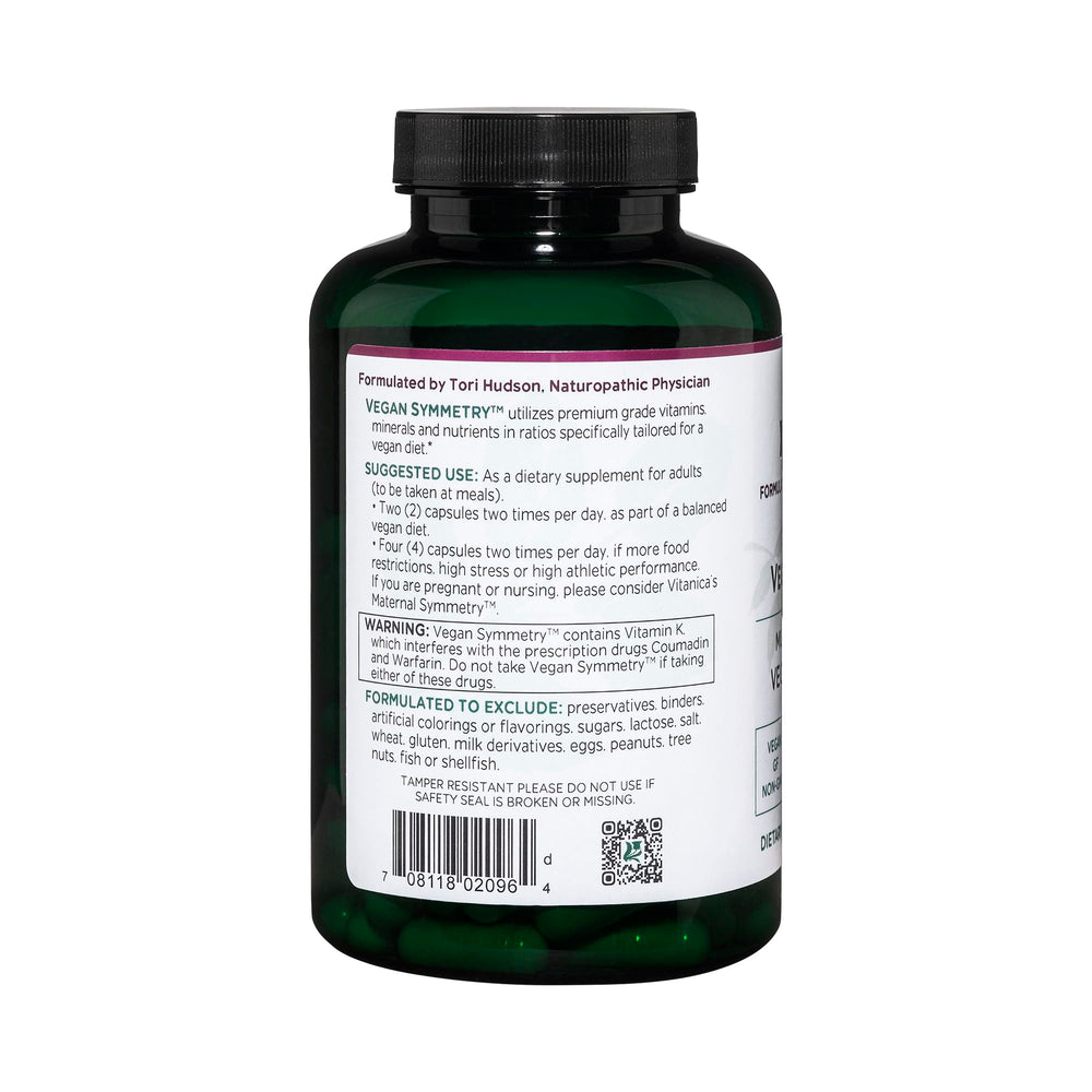 Capsules arranged beside Vitanica Vegan Symmetry emphasize convenient twice-daily dosing.