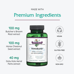 Vitanica VeinoBlend capsules close-up showing plant-based capsules for vein health.