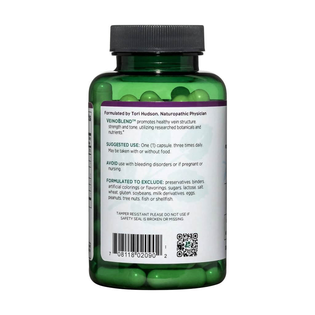 Vitanica VeinoBlend packaging box highlights organic and wild-crafted herbs for quality.