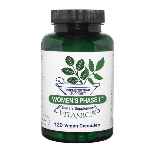 Vitanica Women's Phase I bottle front showing vegan premenstrual support.